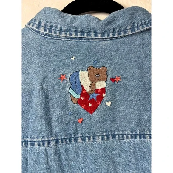 Vintage Christopher & Banks Denim Shirt Womens Sz L Teddy Bear America July 4th - Picture 5 of 16